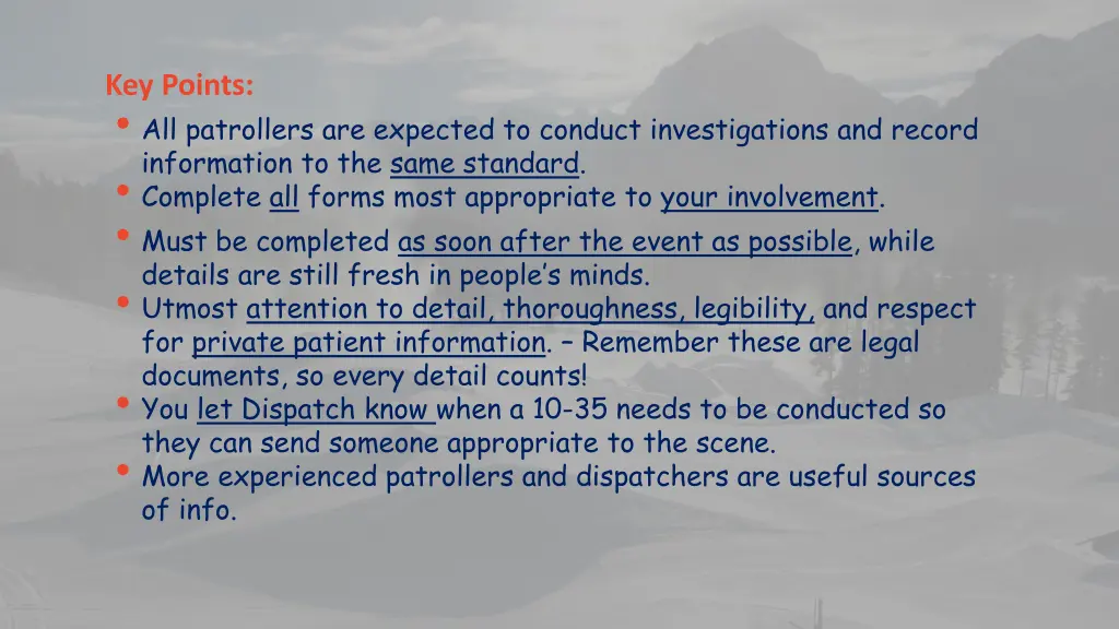 key points all patrollers are expected to conduct