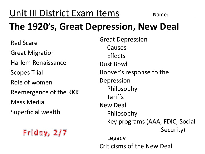 unit iii district exam items the 1920 s great