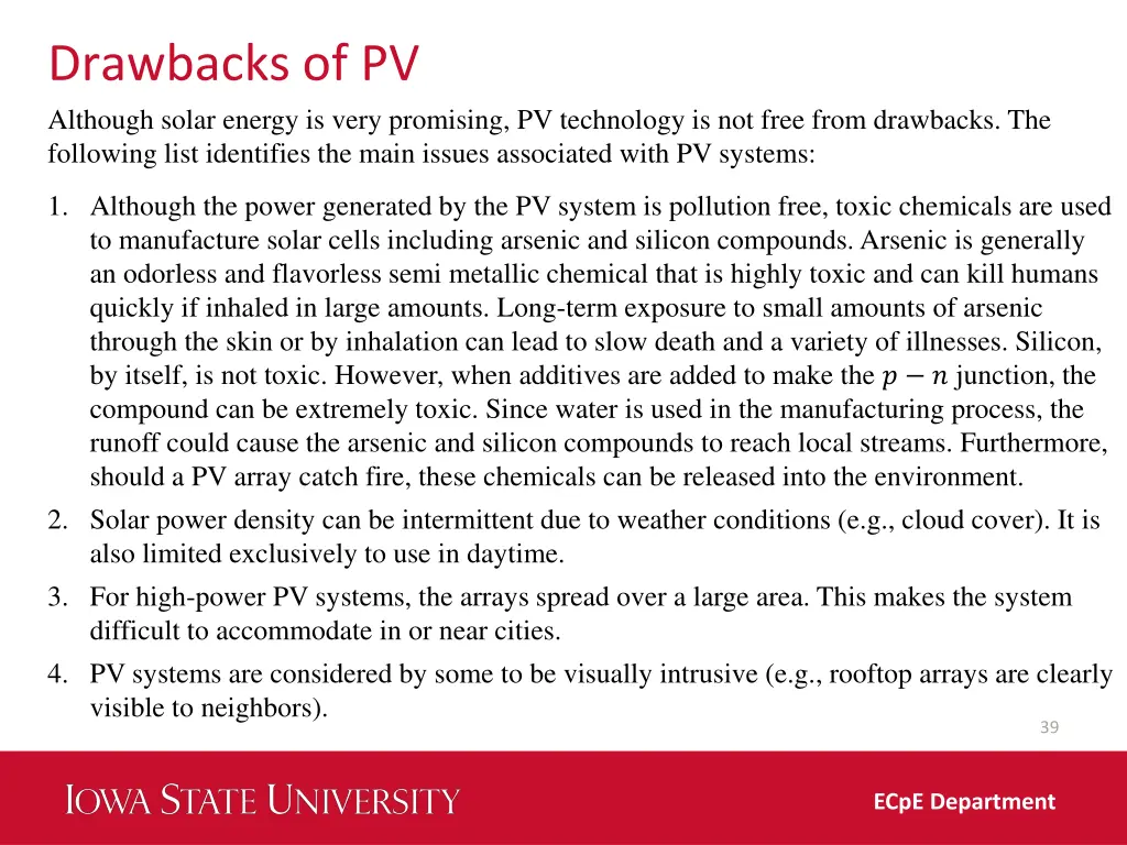 drawbacks of pv although solar energy is very