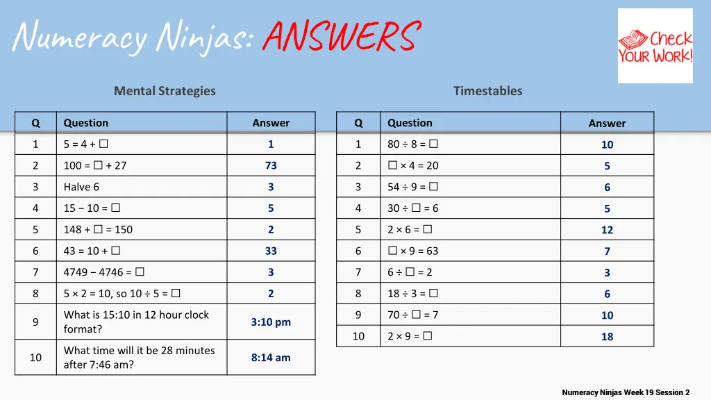 numeracy ninjas answers