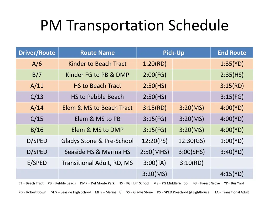 pm transportation schedule