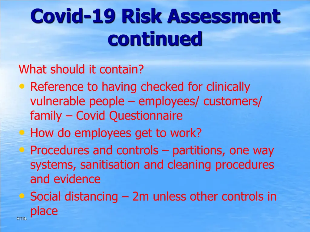 covid 19 risk assessment continued