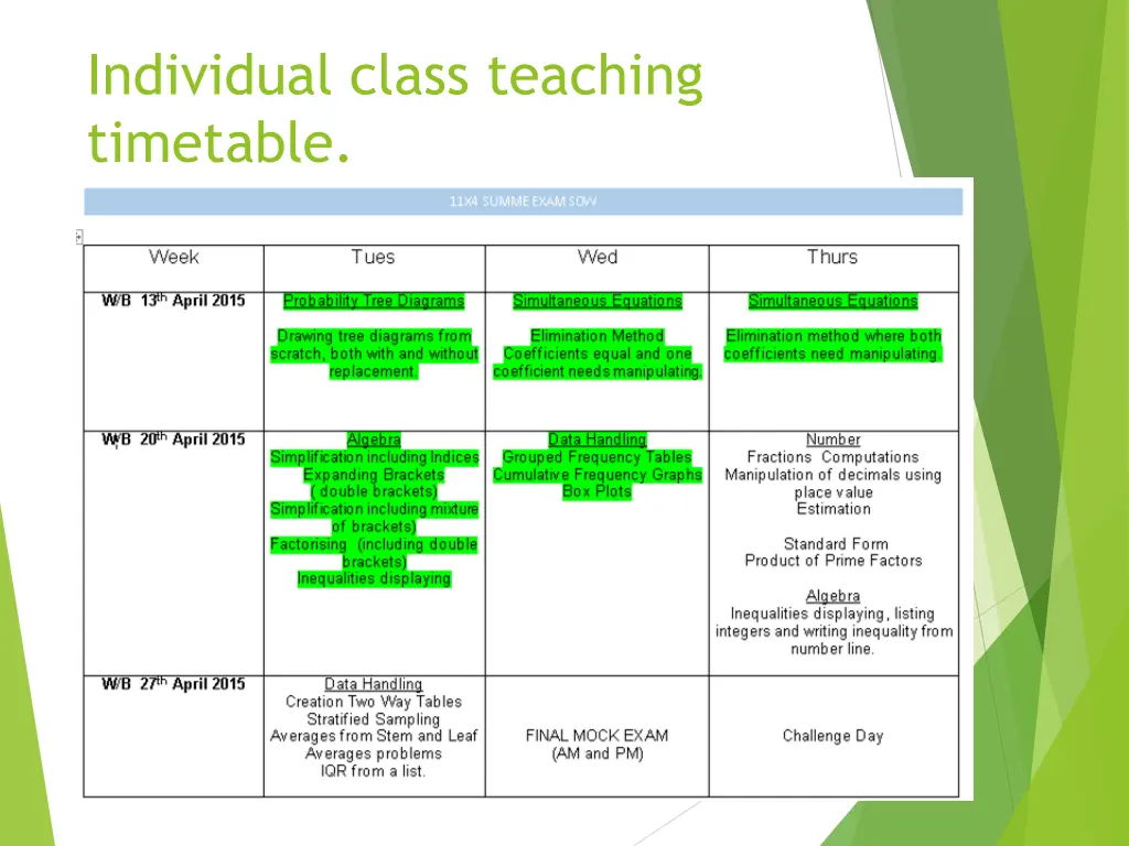 individual class teaching timetable