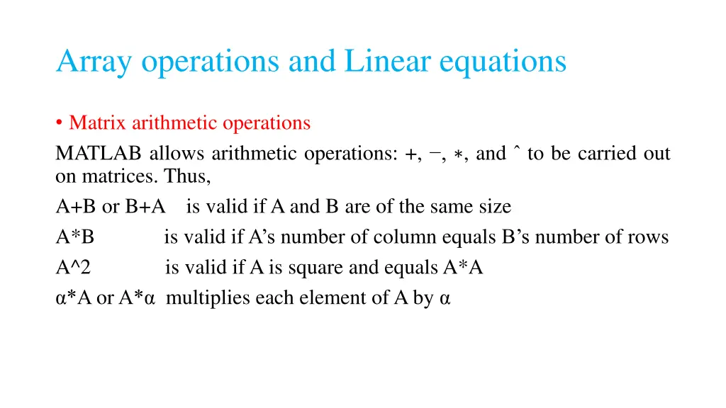 array operations and linear equations