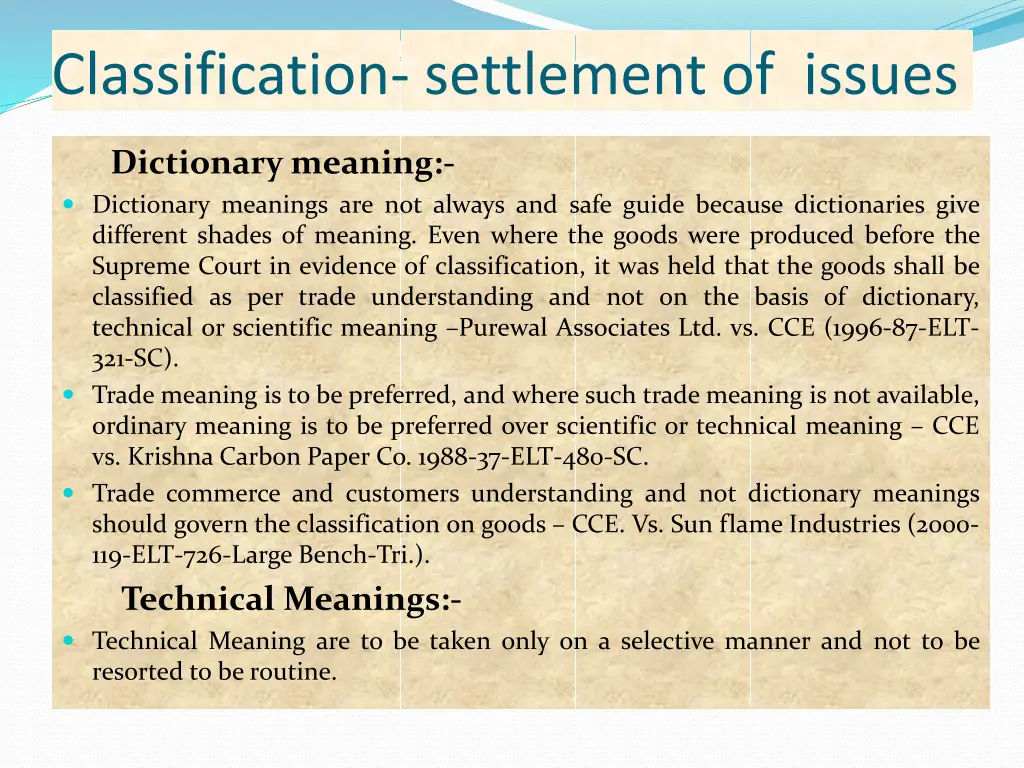 classification settlement of issues