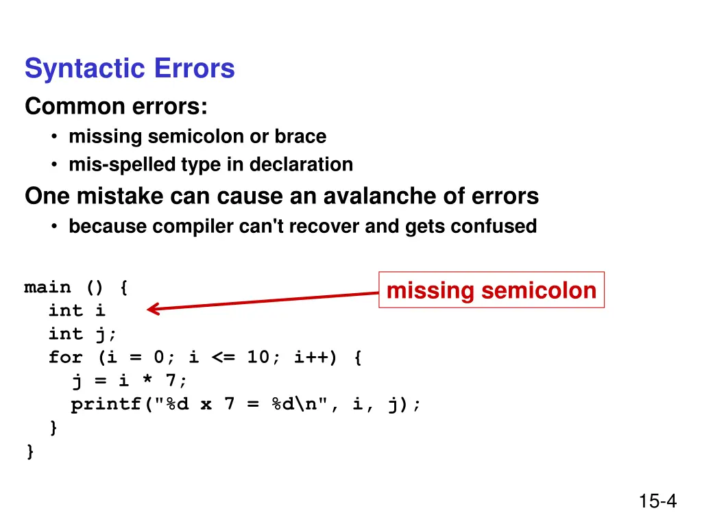 syntactic errors common errors missing semicolon