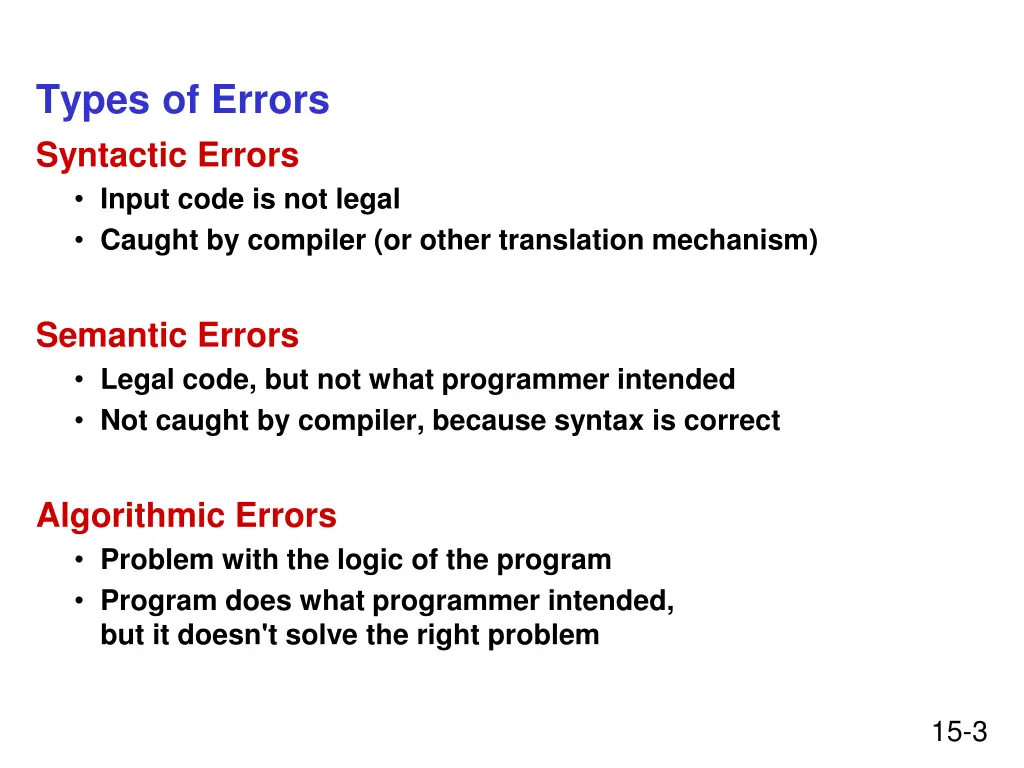 types of errors syntactic errors input code