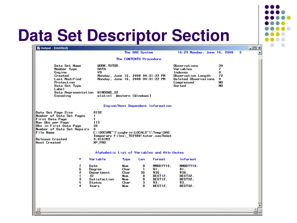 data set descriptor section