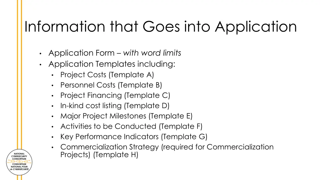 information that goes into application