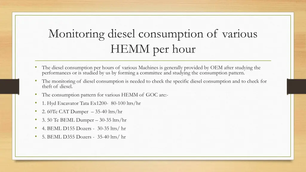 monitoring diesel consumption of various hemm