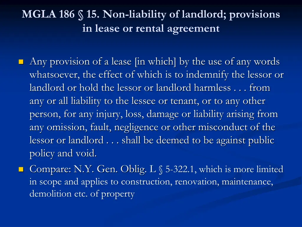 mgla 186 15 non liability of landlord provisions