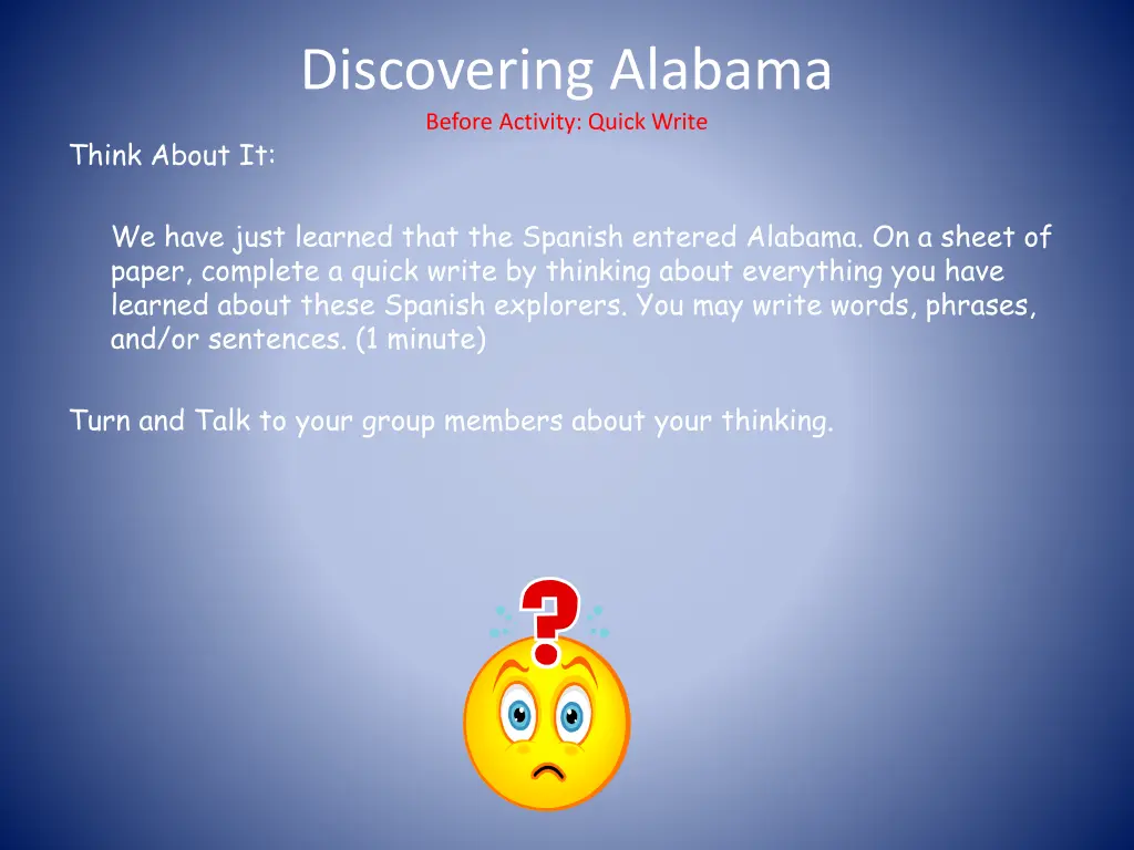 discovering alabama before activity quick write