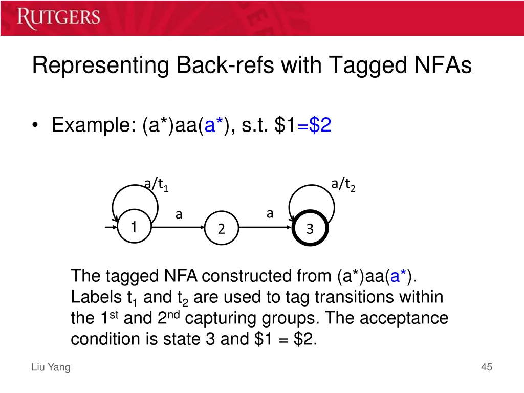 representing back refs with tagged nfas