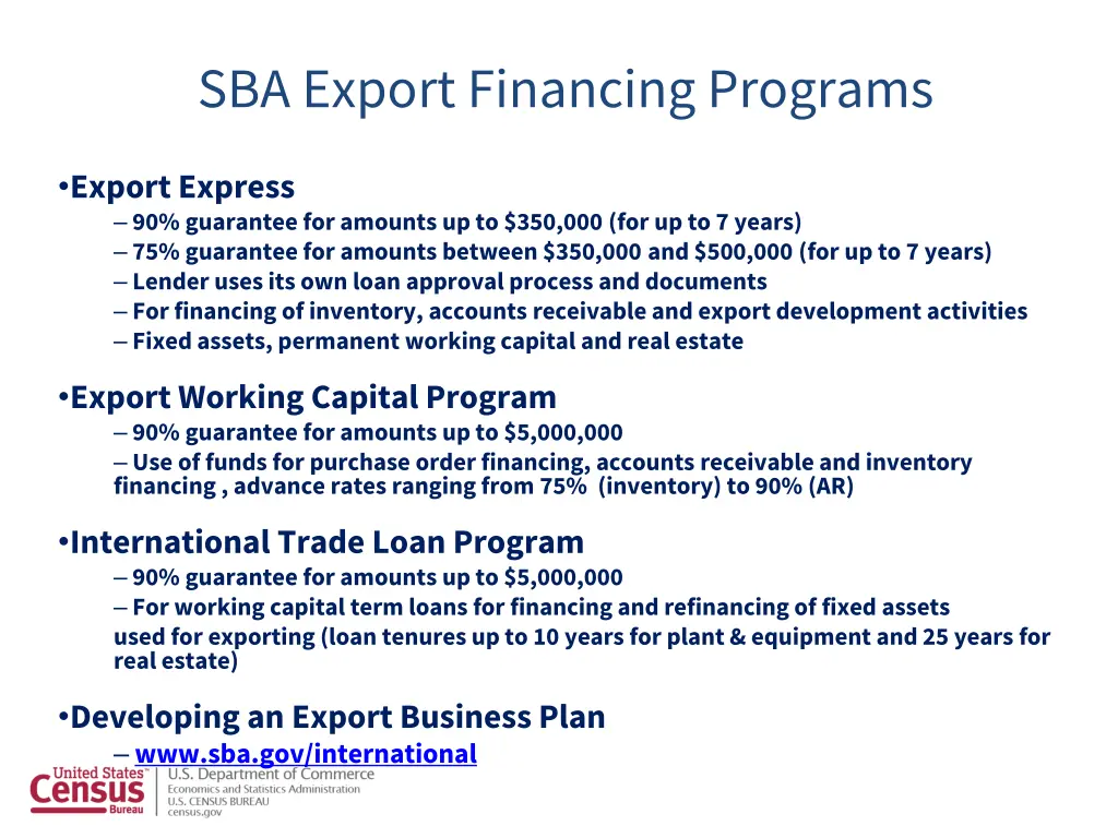 sba export financing programs