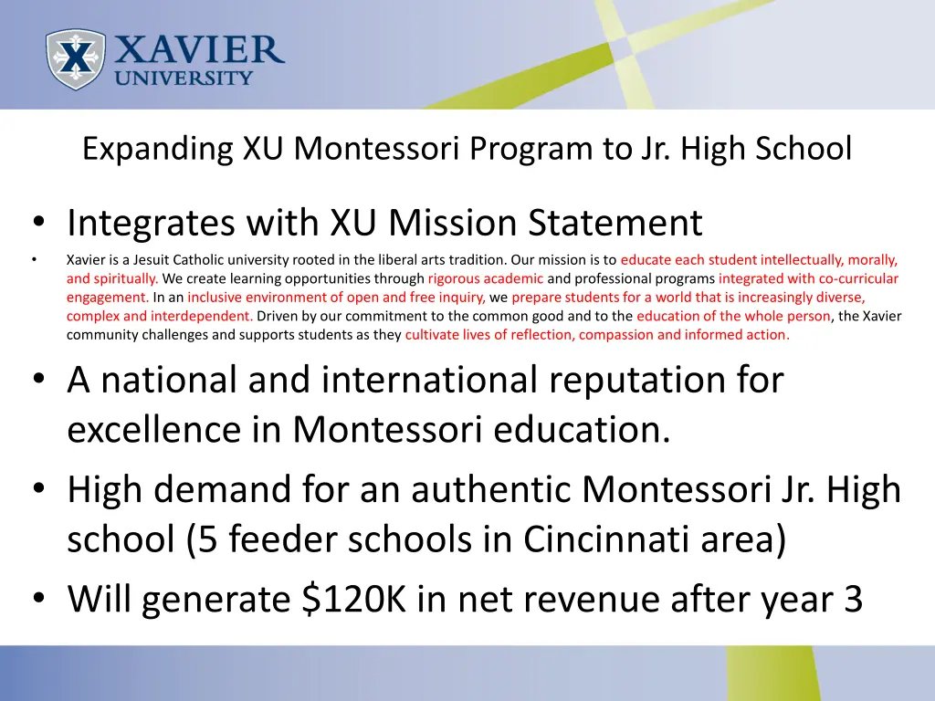 expanding xu montessori program to jr high school