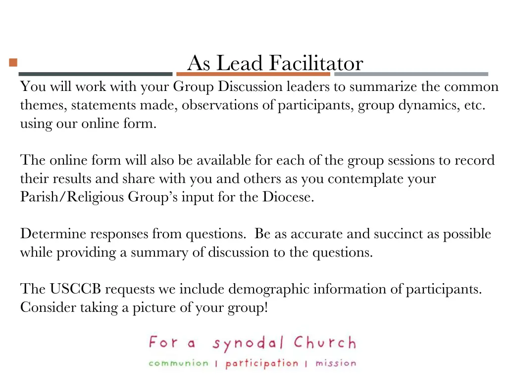 as lead facilitator you will work with your group