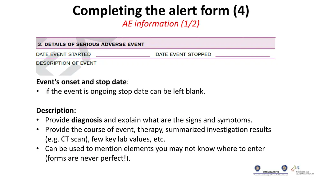 completing the alert form 4 ae information 1 2