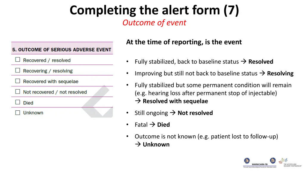 completing the alert form 7 outcome of event