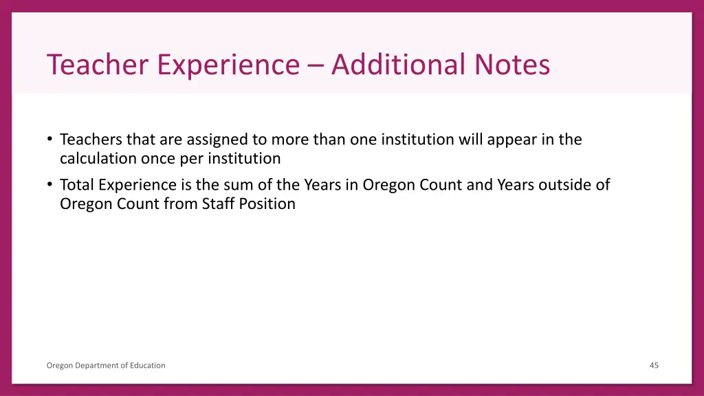 teacher experience additional notes