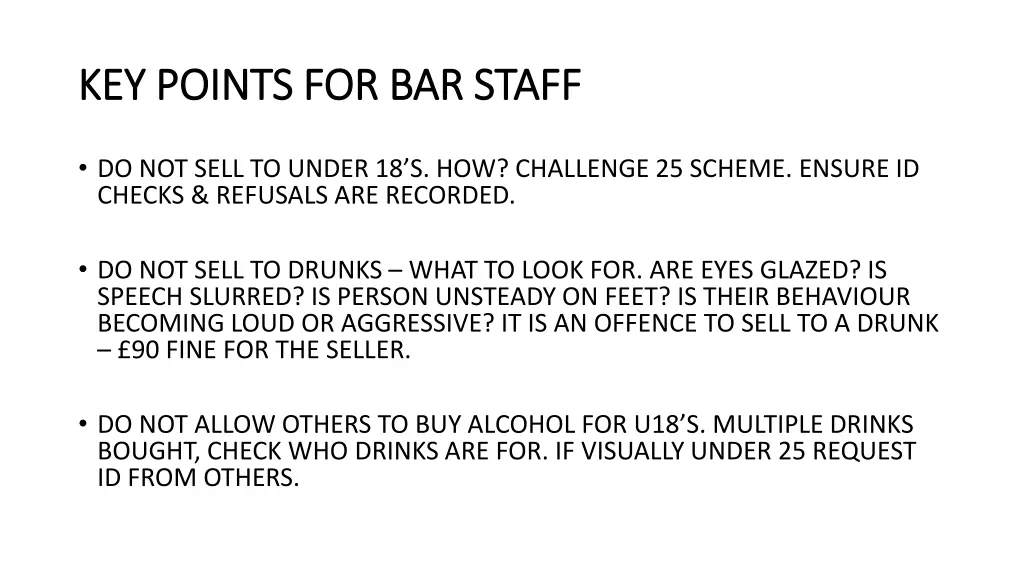 key points for bar staff key points for bar staff