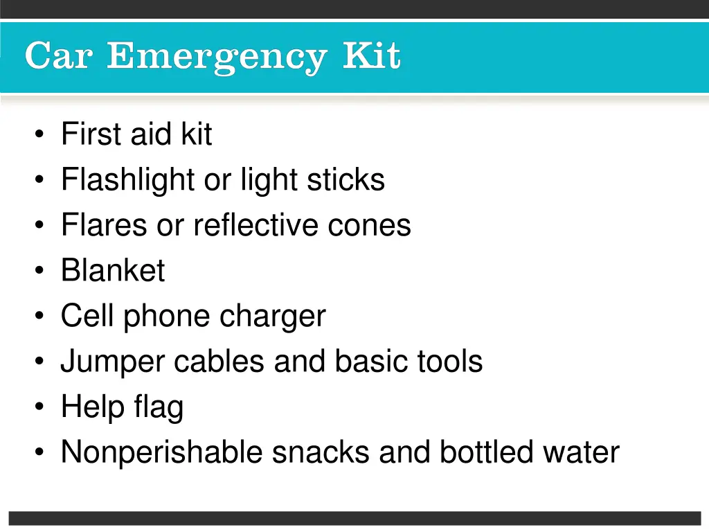 first aid kit flashlight or light sticks flares