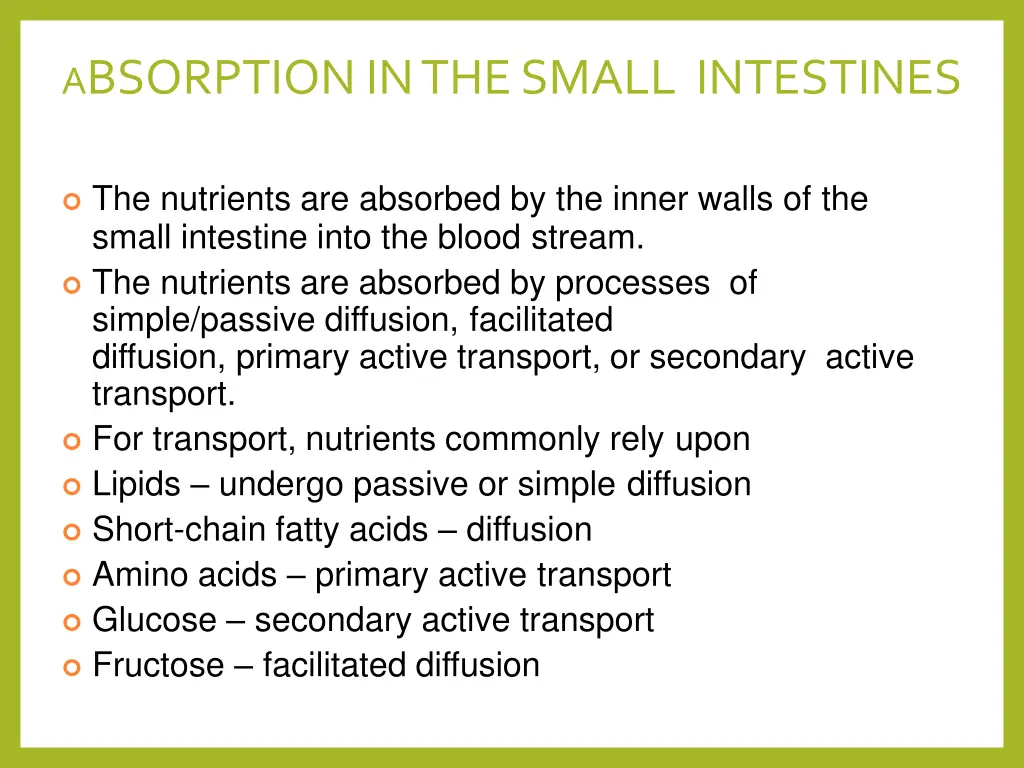 a bsorption in the small intestines