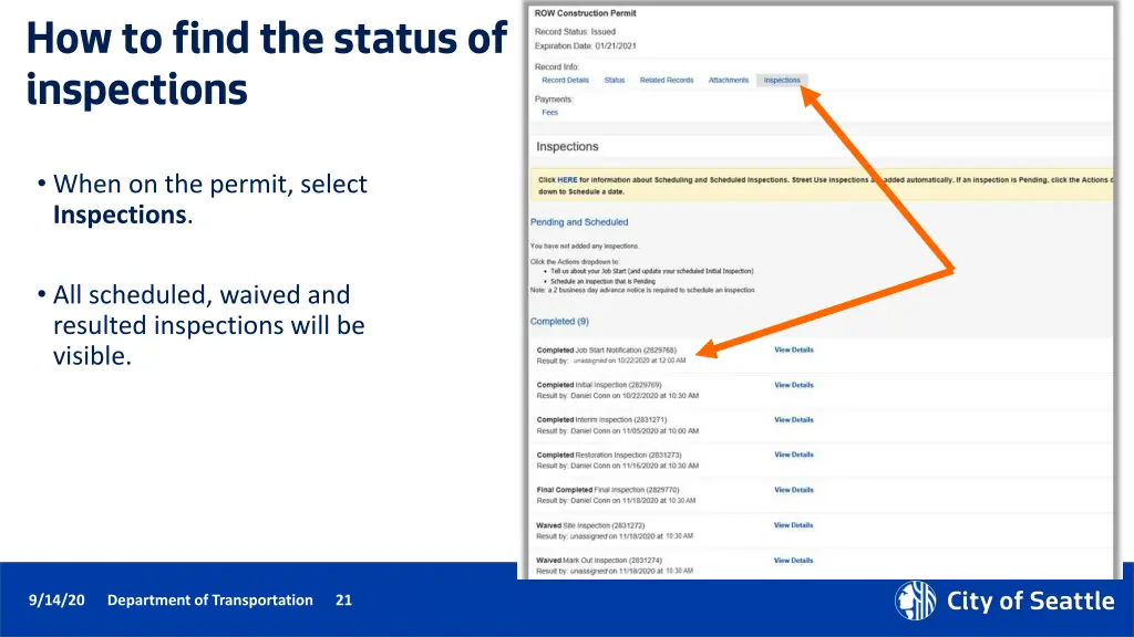 how to find the status of inspections