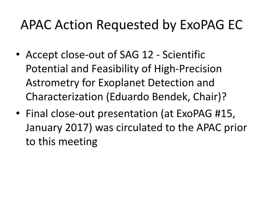 apac action requested by exopag ec