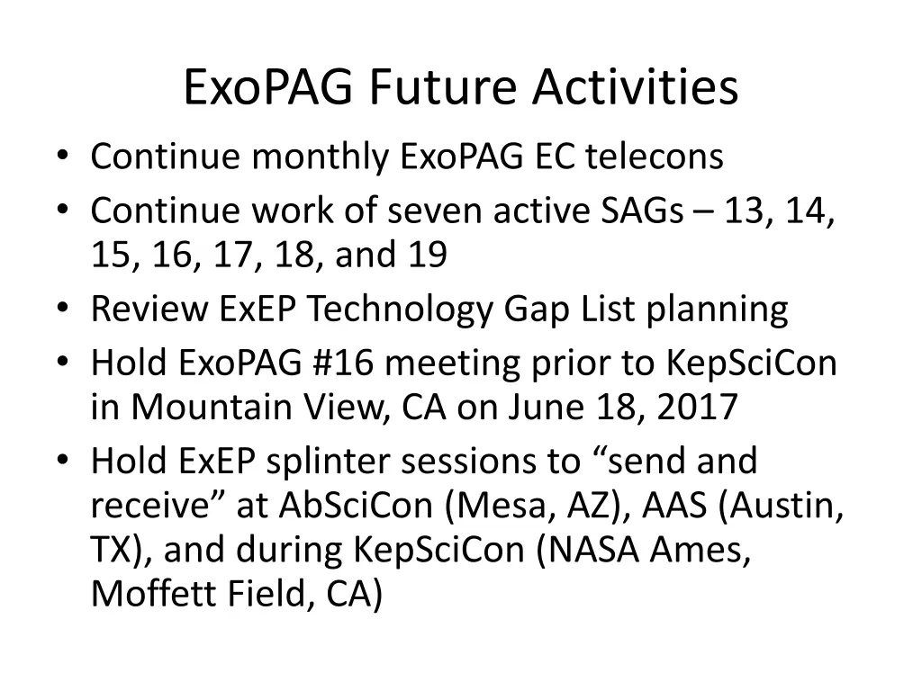 exopag future activities continue monthly exopag