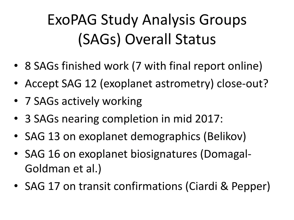 exopag study analysis groups sags overall status