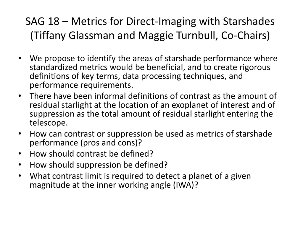 sag 18 metrics for direct imaging with starshades