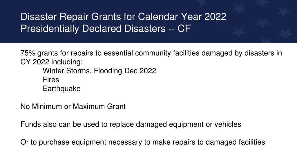 disaster repair grants for calendar year 2022