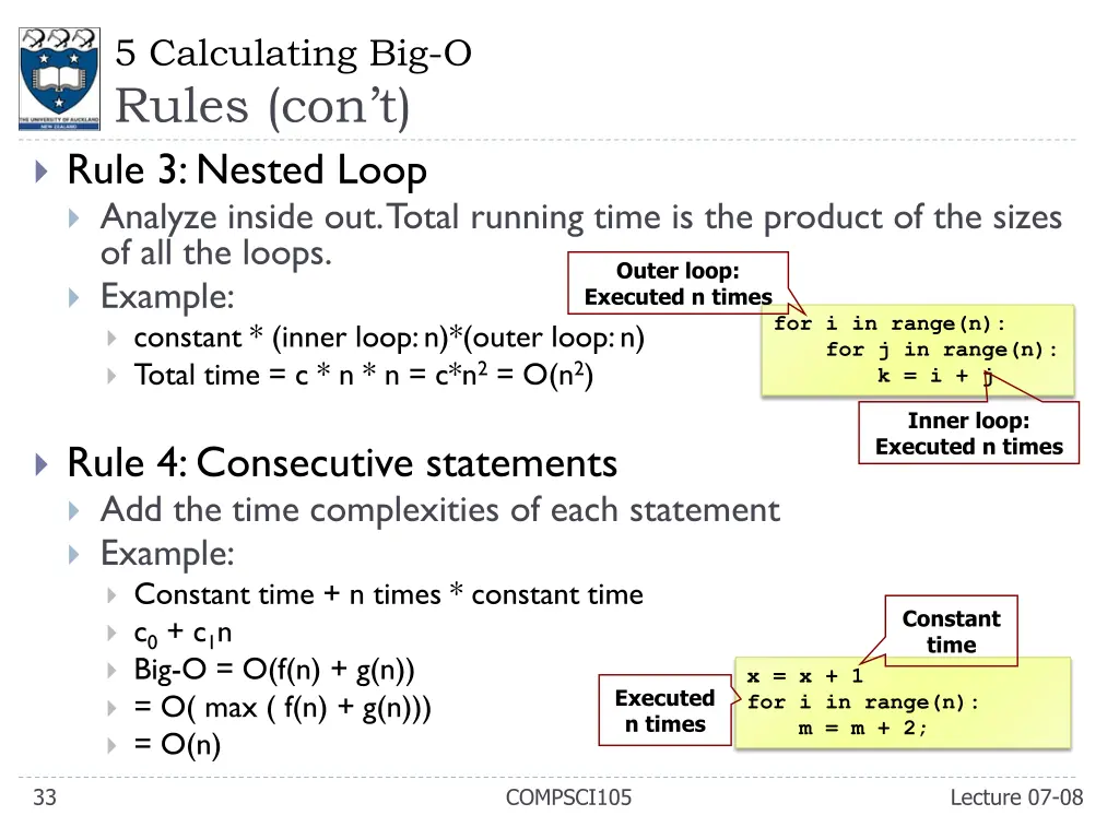 5 calculating big o rules con t rule 3 nested