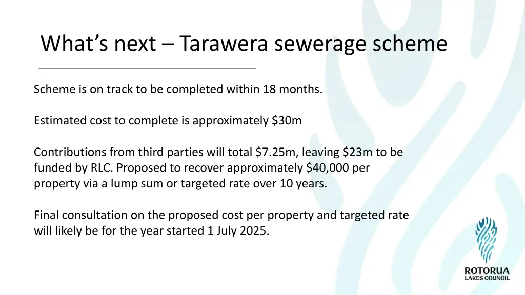 what s next tarawera sewerage scheme