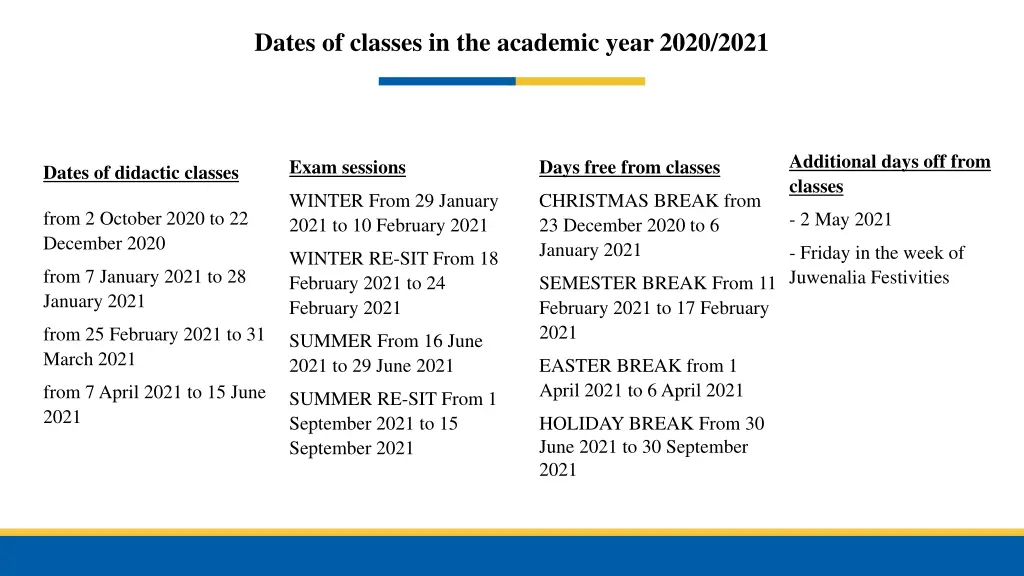 dates of classes in the academic year 2020 2021