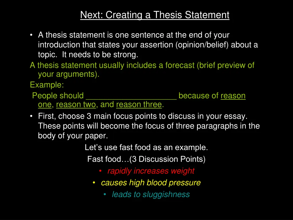 next creating a thesis statement