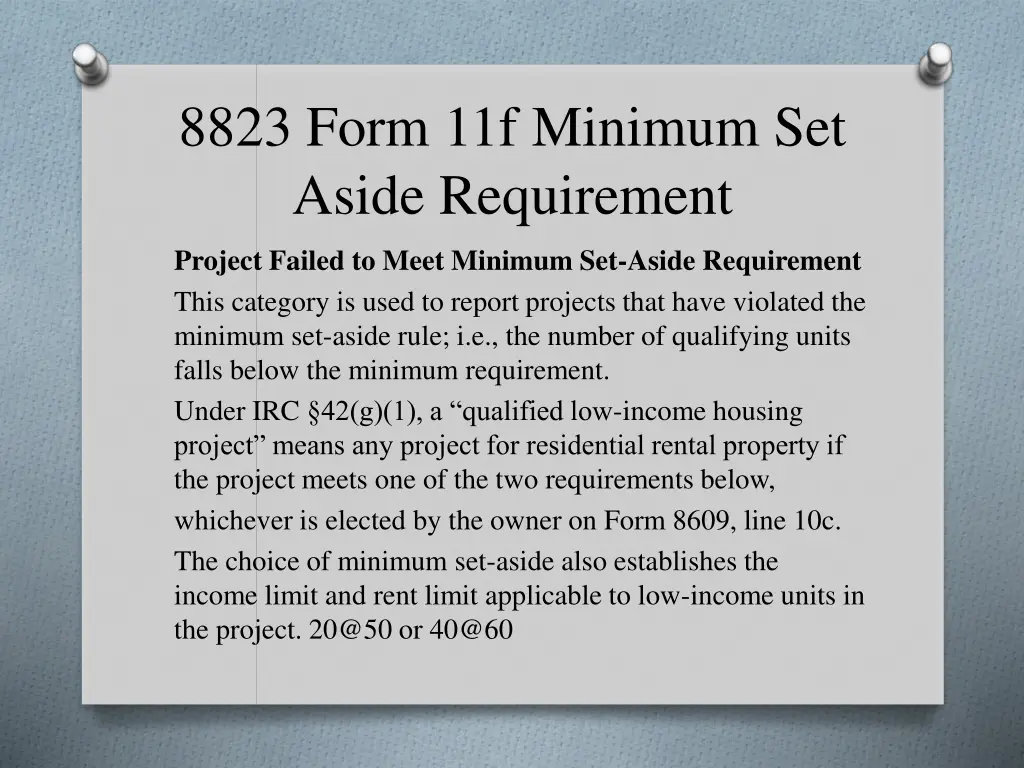 8823 form 11f minimum set aside requirement