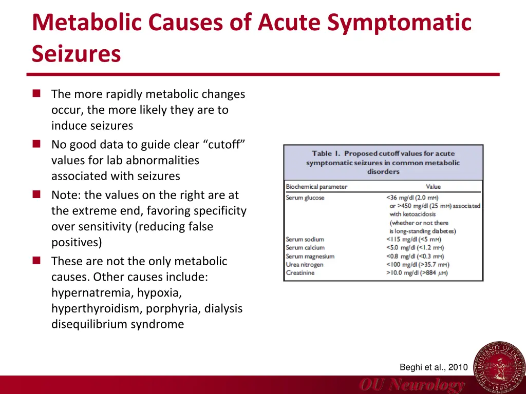 metabolic causes of acute symptomatic seizures