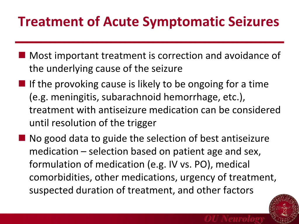 treatment of acute symptomatic seizures