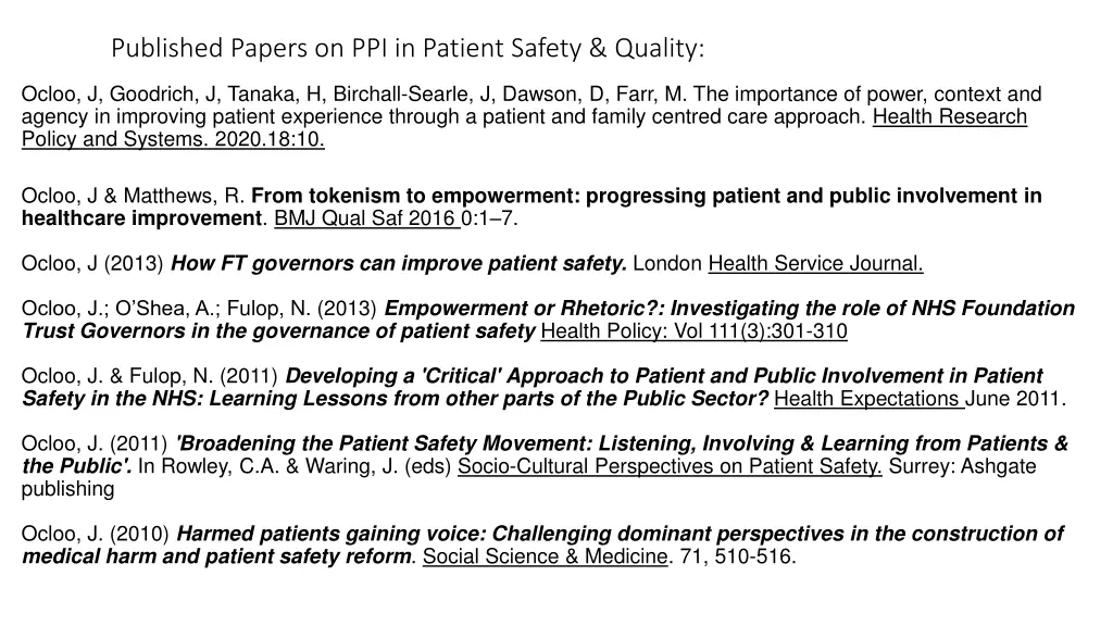 published papers on ppi in patient safety quality