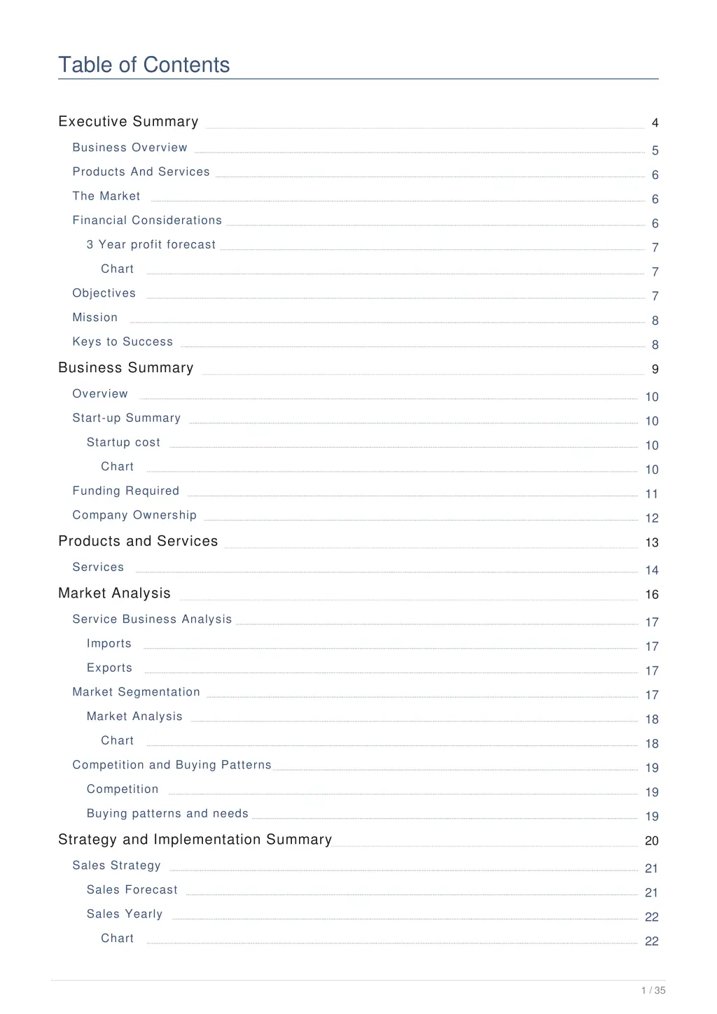 table of contents