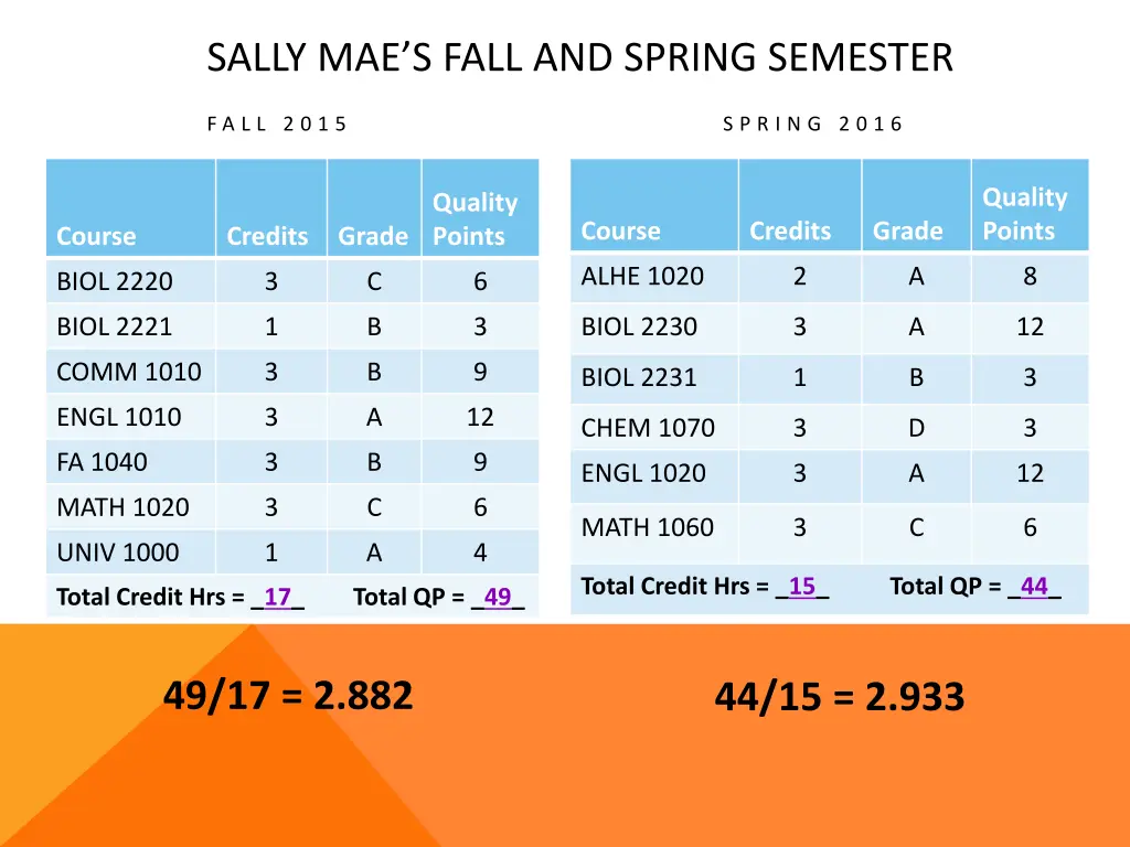 sally mae s fall and spring semester 1