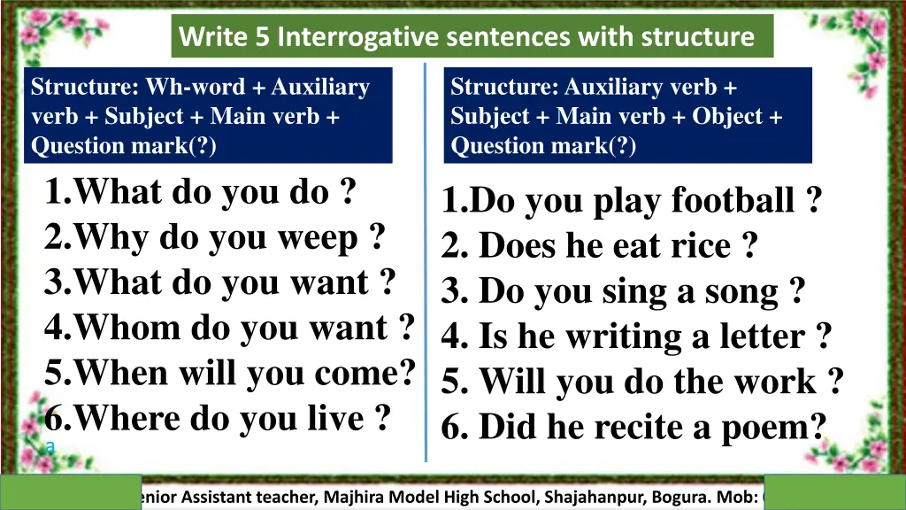 write 5 interrogative sentences with structure