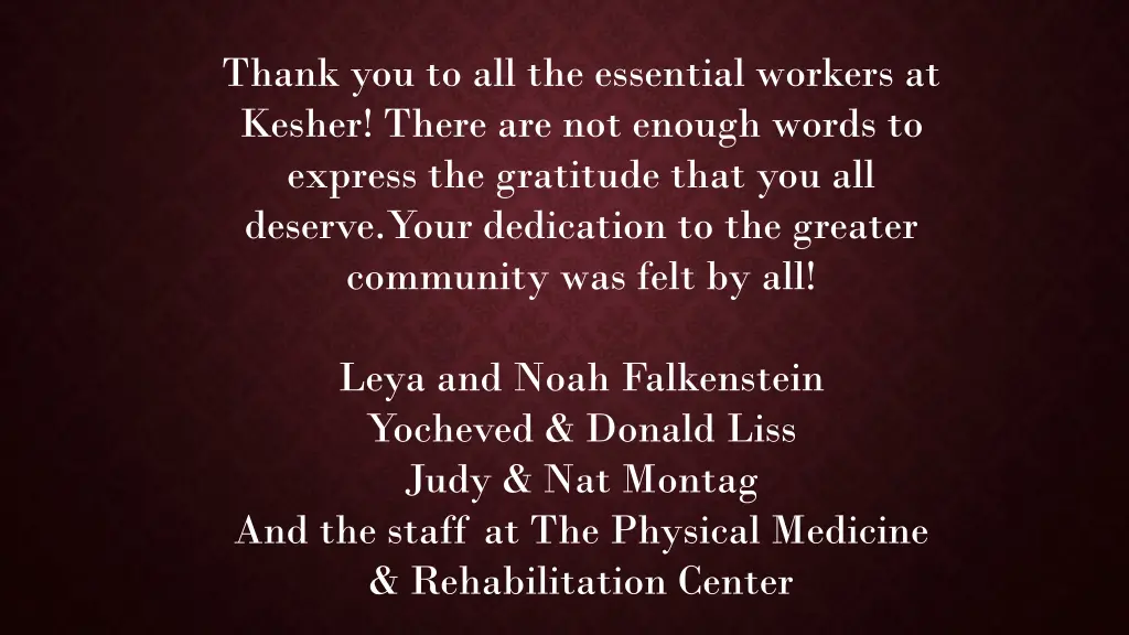 thank you to all the essential workers at kesher