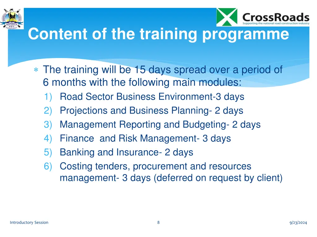 content of the training programme