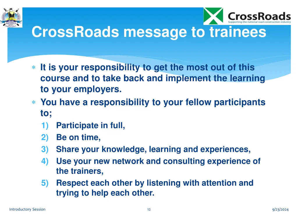 crossroads message to trainees