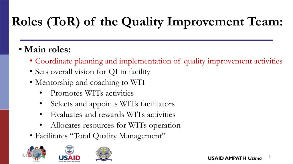 roles tor of the quality improvement team