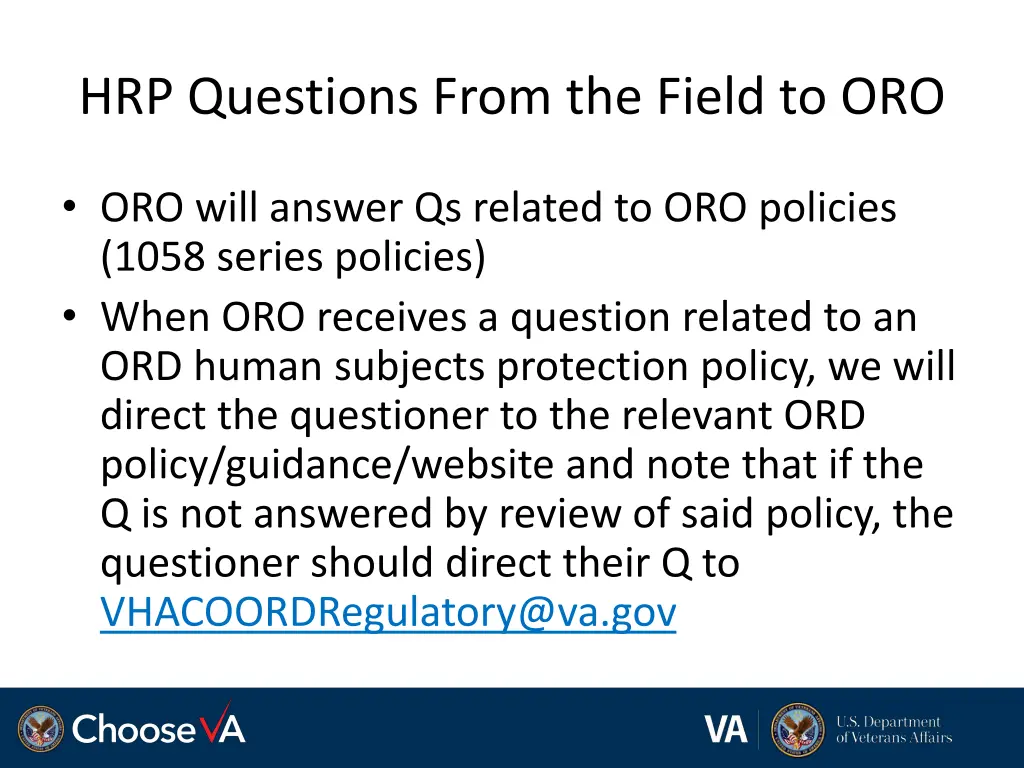 hrp questions from the field to oro