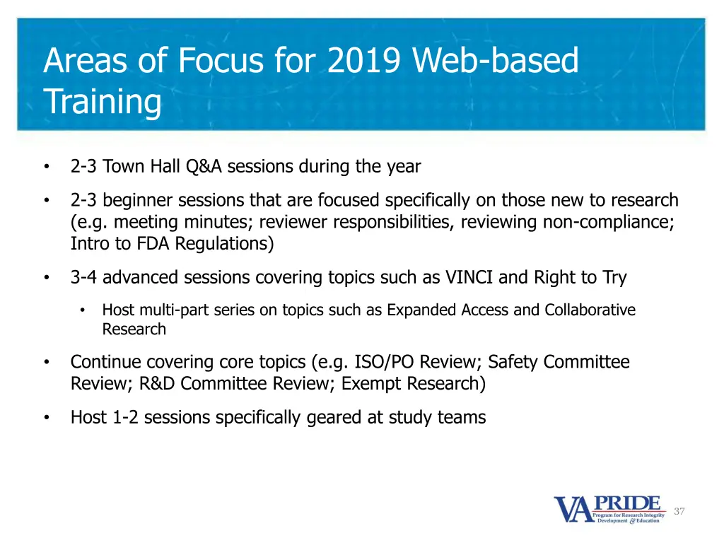 areas of focus for 2019 web based training