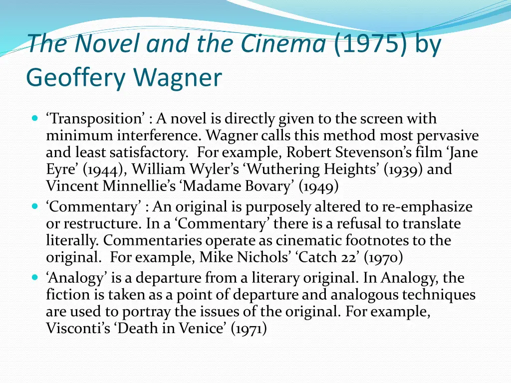 the novel and the cinema 1975 by geoffery wagner